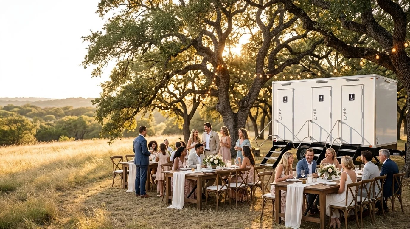 People gathered outdoors for a celebration during sunset, with a food truck, tables, and chairs among trees in austin, texas.