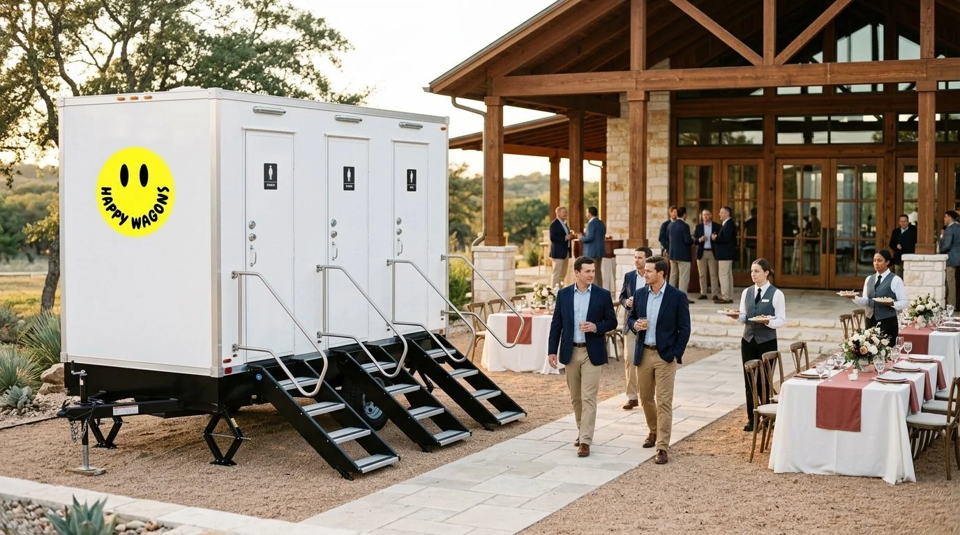 Happy Wagons mobile restroom trailer in Austin Texas at a special event for corporate event.