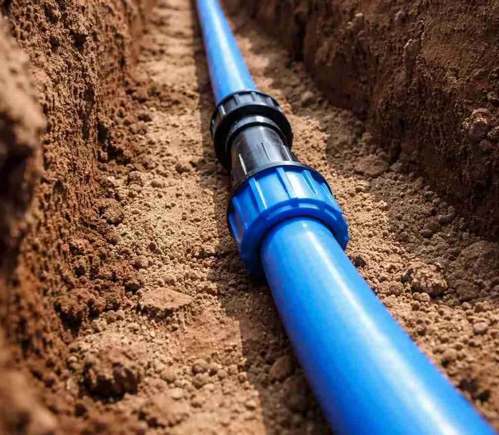 Underground water line installed in a trench during utility construction.