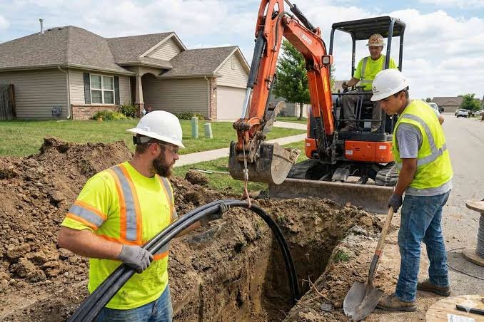 Hudson Company crew performing underground utility work in a residential neighborhood.