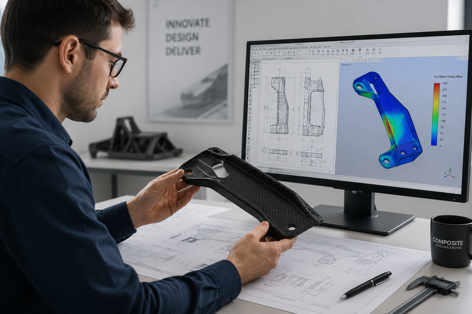 Composite engineer reviewing a fibre-reinforced component, technical drawings and structural analysis