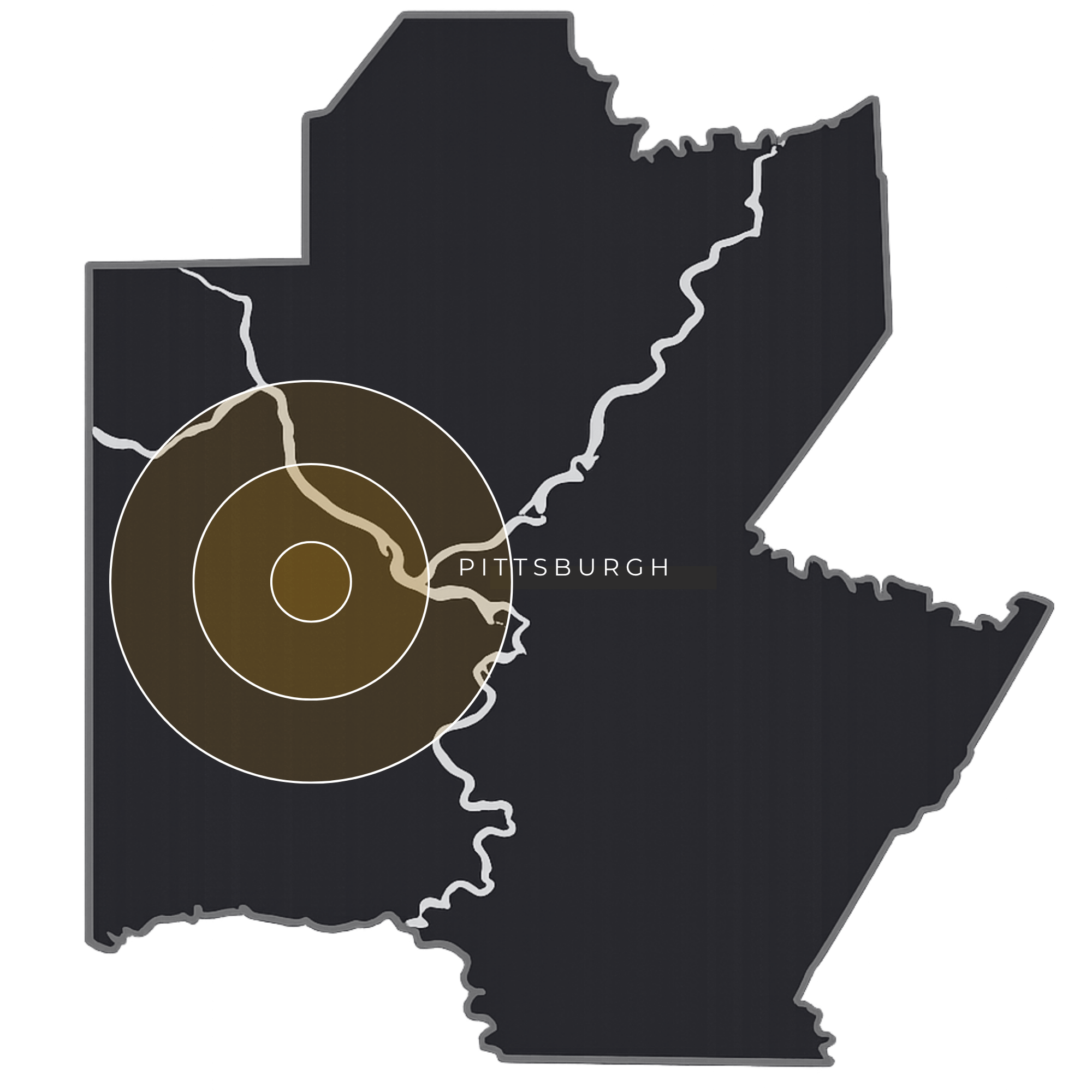 A stylized map of the state of Pennsylvania with a focus on Pittsburgh in the southwestern part of the state.