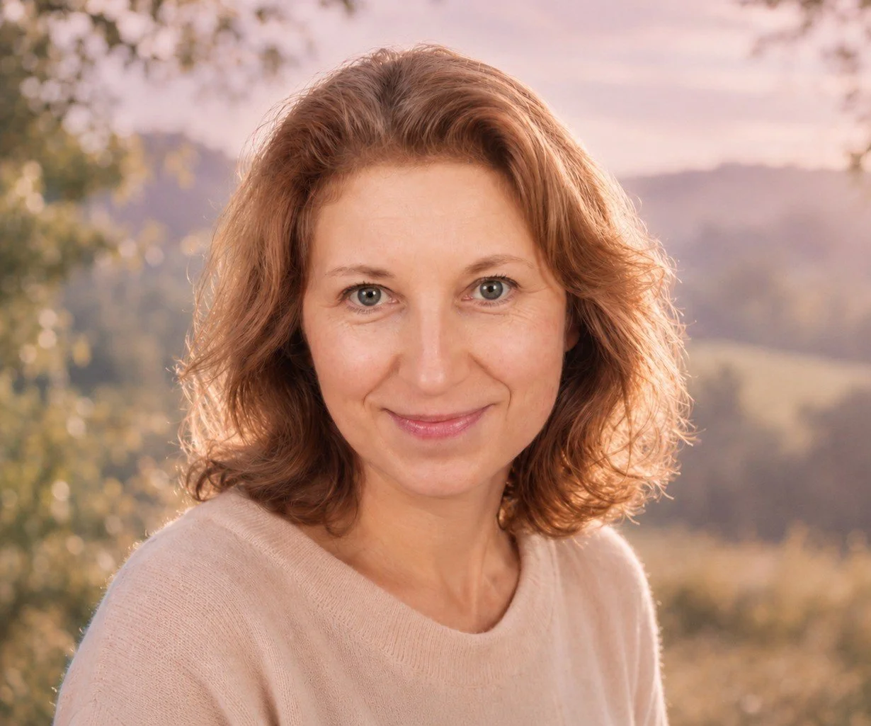 Ein Porträt einer lächelnden Frau mit welligem, rotbraunem Haar vor einer natürlichen, bewölkten Landschaft bei Sonnenuntergang.