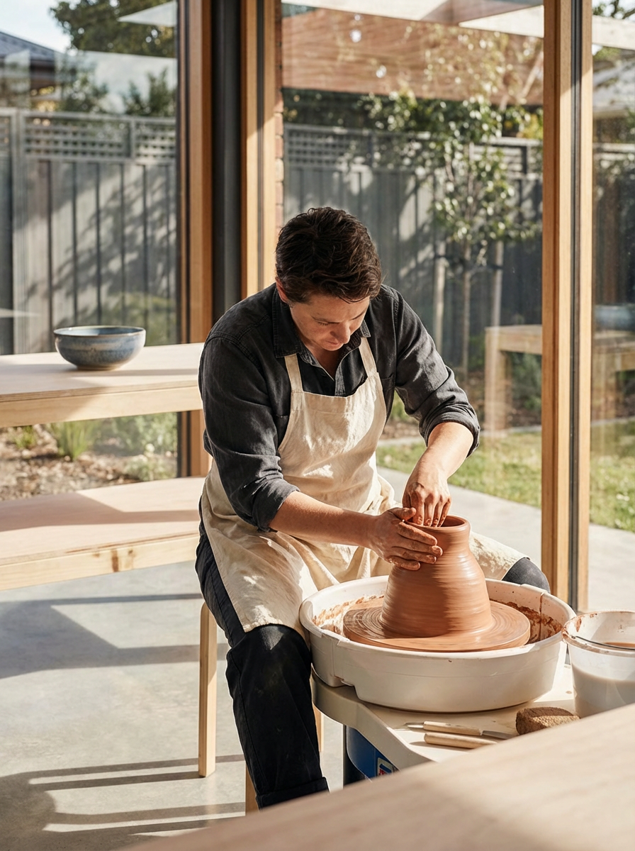 Person shaping a clay pot on a pottery wheel inside a bright room with large glass windows outside.