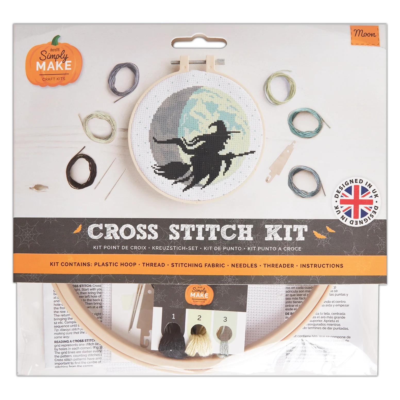 Simply Make Cross Stitch Kit Moon Design, Halloween, Hoop