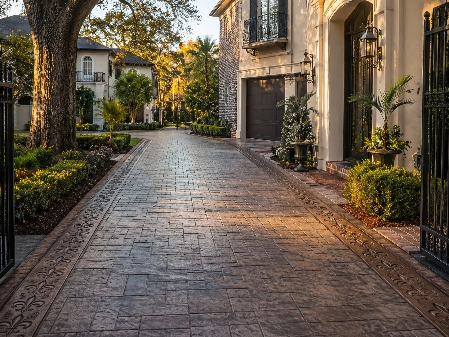 A residential street with a curved brick driveway, greenery, potted plants, and elegant house exteriors at sunset.
