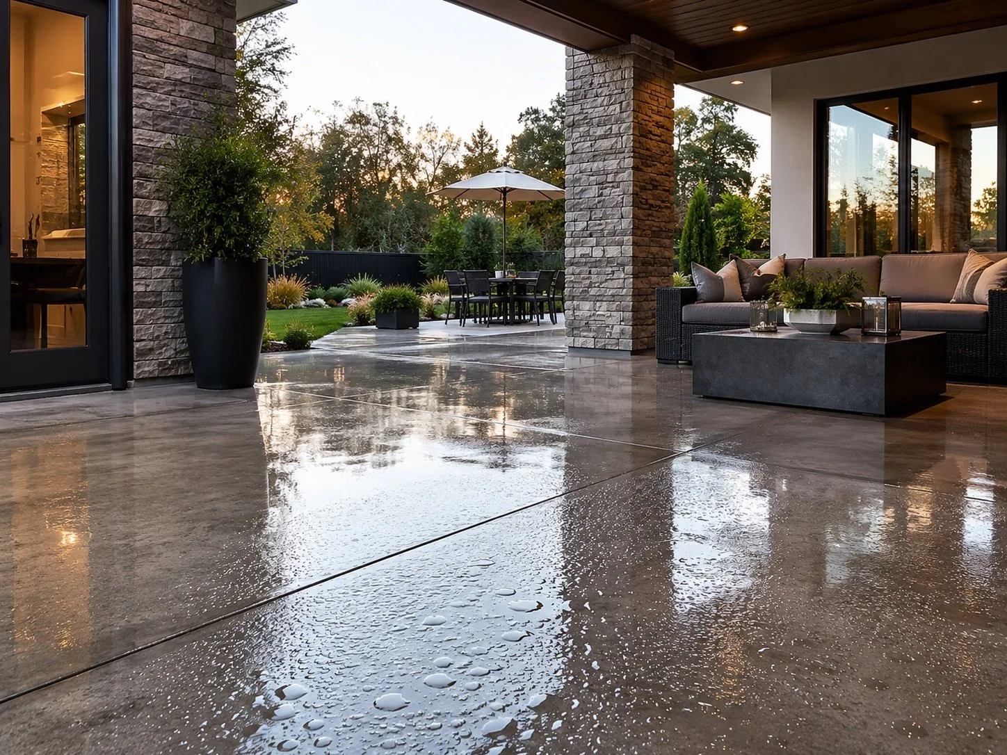 Patio with wet concrete floor, outdoor furniture, large potted plant, and garden with trees and plants in the background, during sunset.