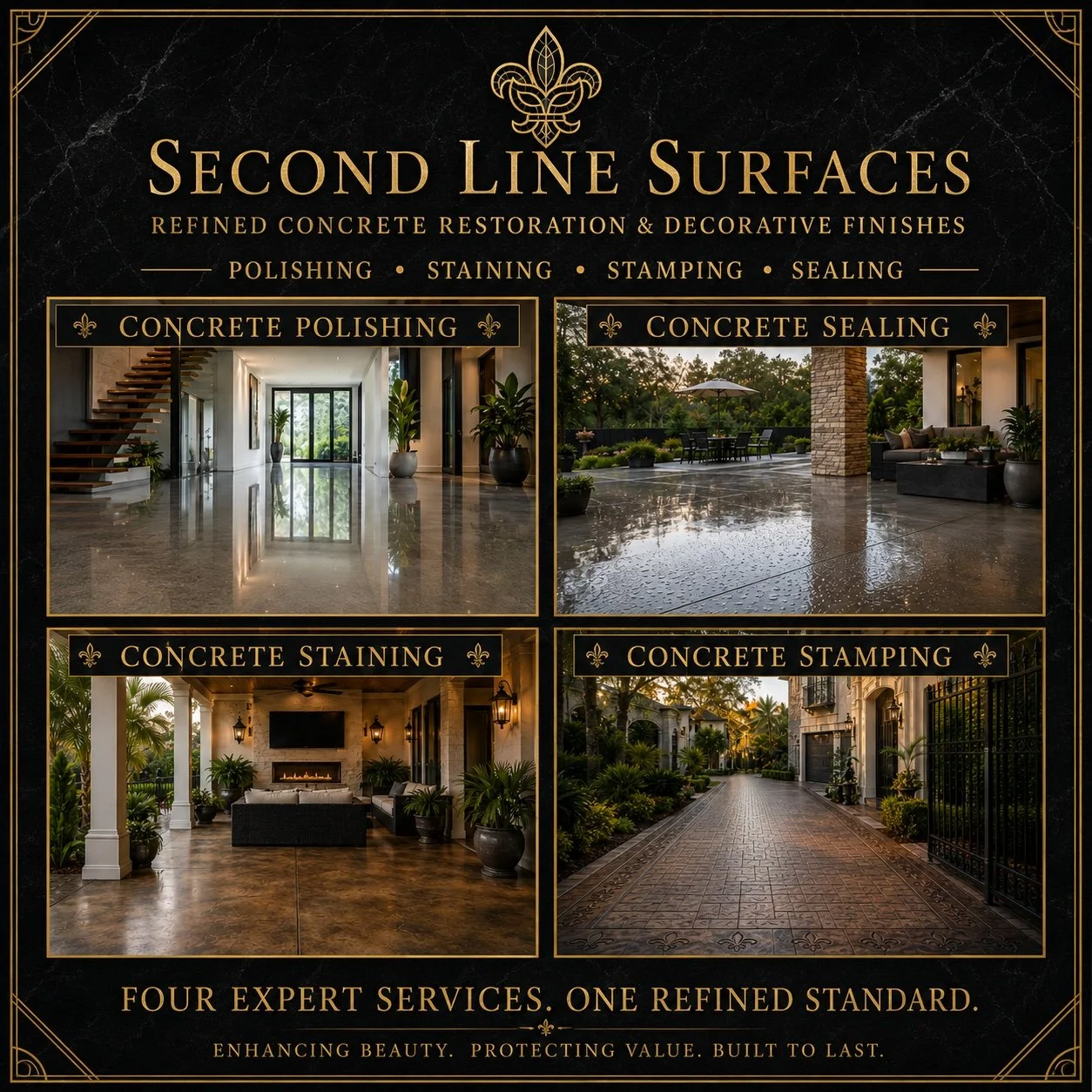 Advertisement for second line surfaces offering refined concrete restoration and decorative finishes, including polishing, staining, stamping, and sealing, with four example images of each service.