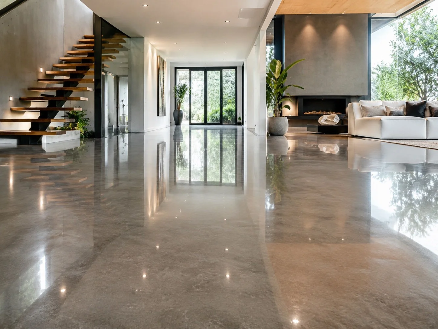 Modern living room with polished marble floor, large windows, white sectional sofa, and indoor plants.