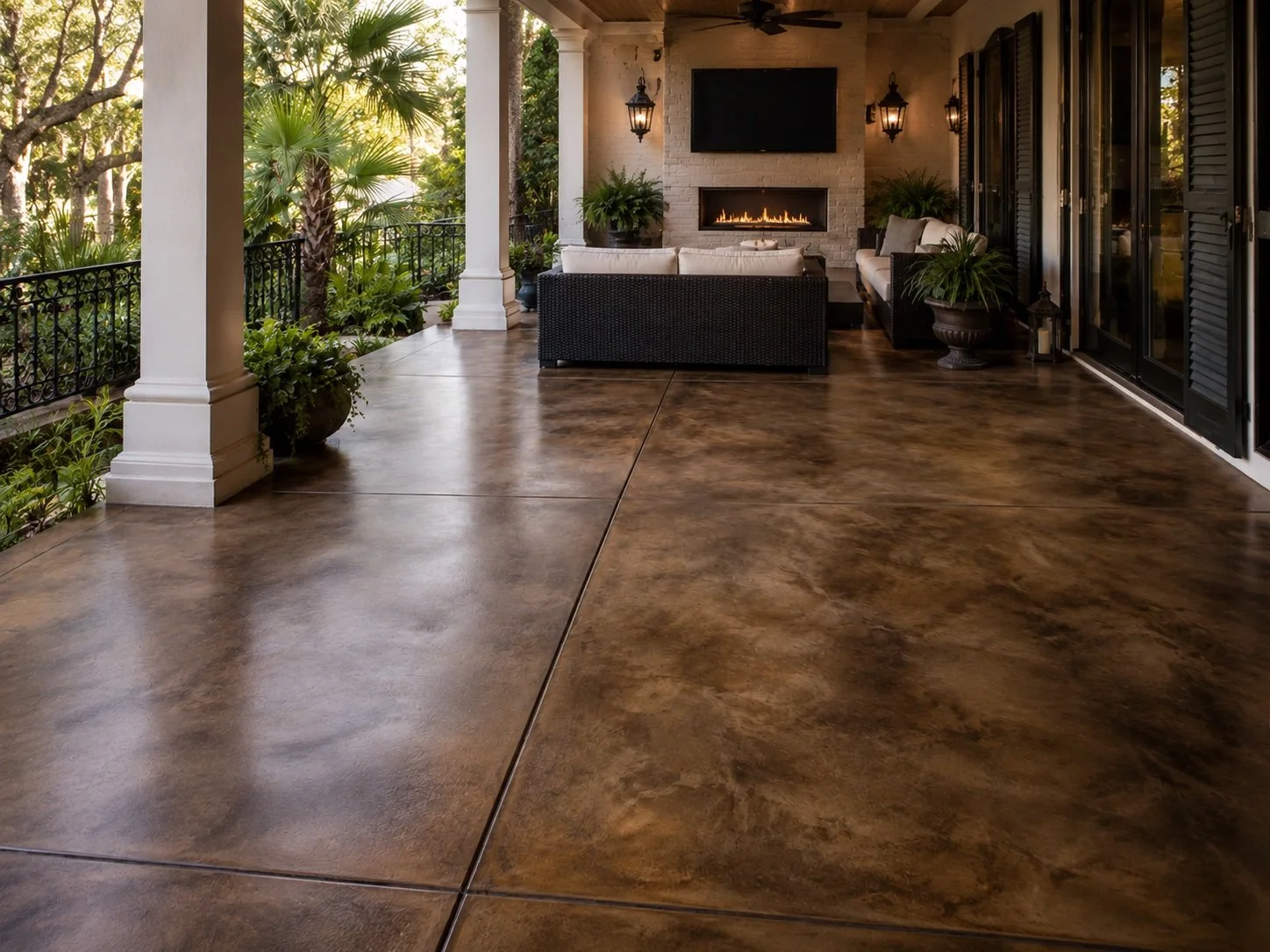 Covered patio with polished concrete floor, outdoor seating, a fireplace, wall-mounted TV, and potted plants, overlooking lush greenery.