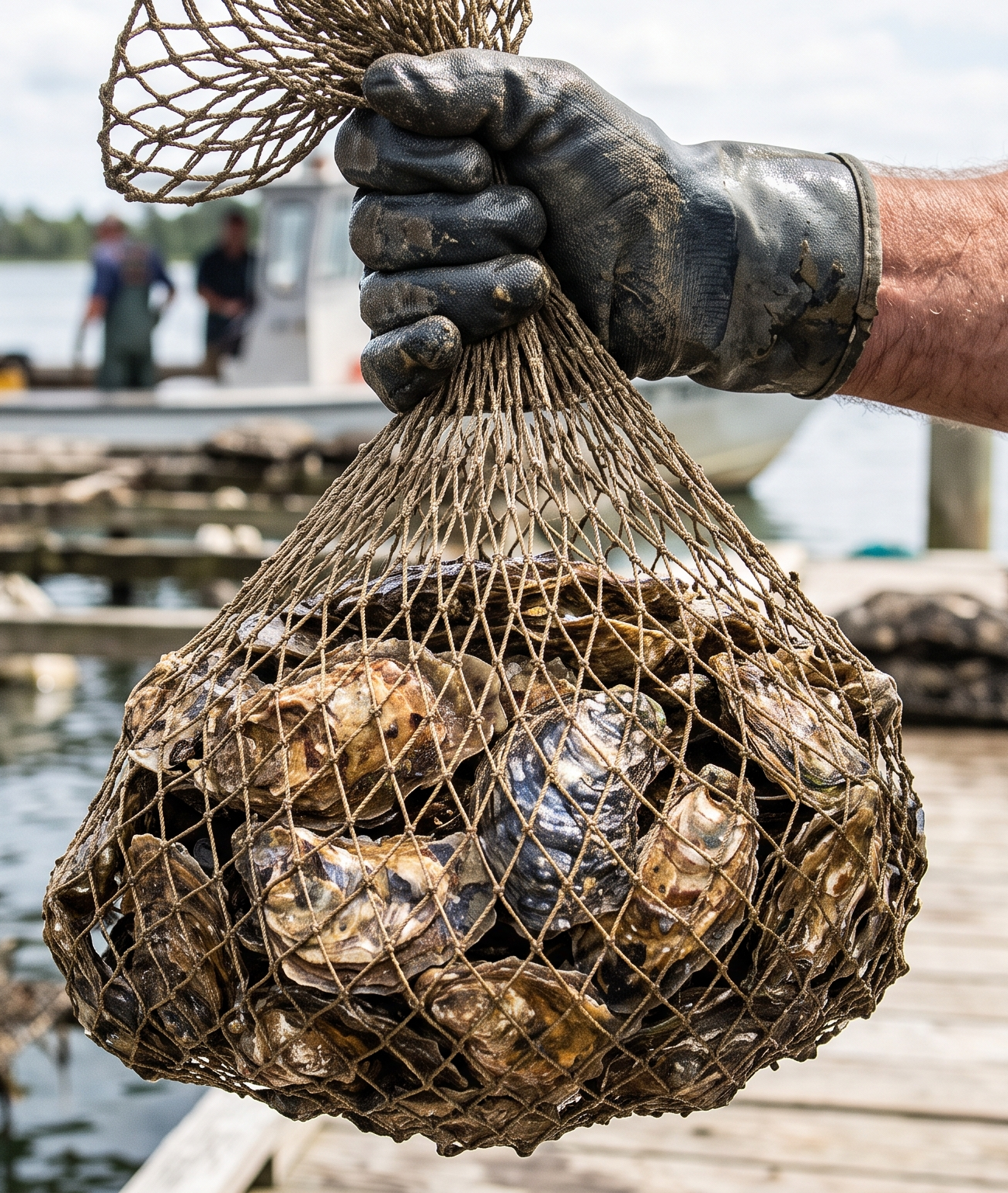 A gloved hand holding a mesh bag filled with freshly harvested oysters at a dock.