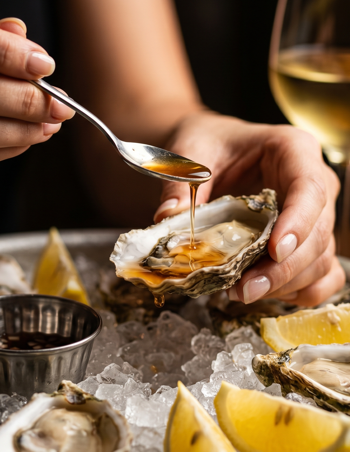 A person shucking oysters on ice with a glass of white wine nearby