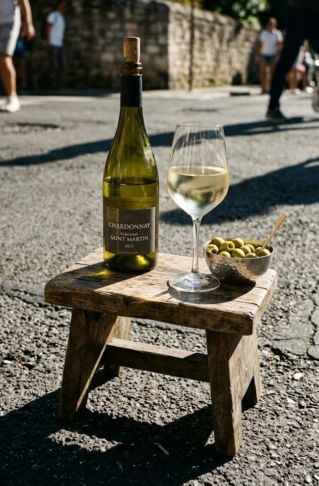 A small rustic wooden table with a bottle of Chardonnay wine, a glass of white wine, and a bowl of green olives with a toothpick, set outdoors on a cobblestone street with people in the background.