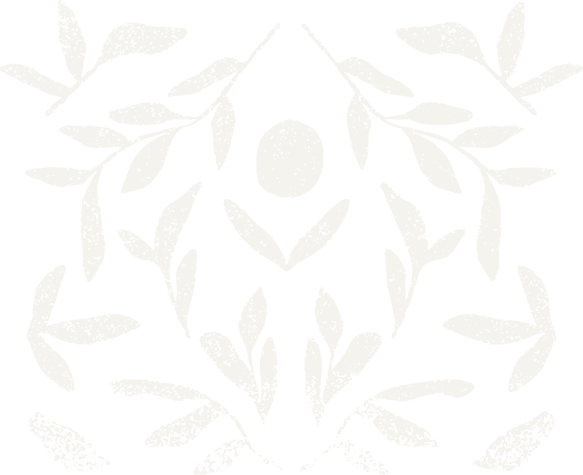 A black and white graphic of a stylized female figure surrounded by leaves and an egg in the center.