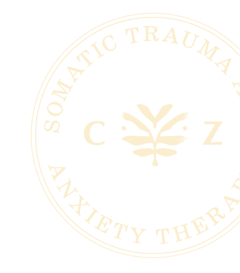 A circular logo with the words "SOMATIC TRAUMA & ANXIETY THERAPY" around the border, and a stylized plant or tree in the center with the letters "C" and "Z" on either side.