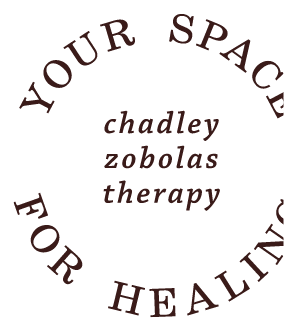 Circular logo for 'Your Space for Healing' with the words 'chadley zobolas therapy' in the center.
