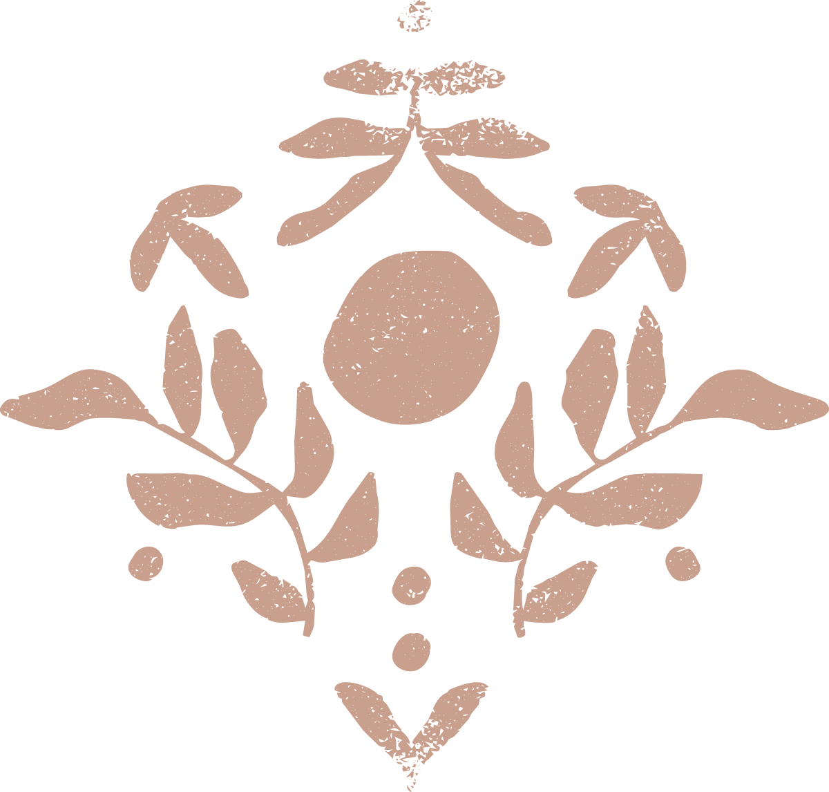 A light pink, stylized abstract design of a plant with many leaves, branches, and small circular elements.