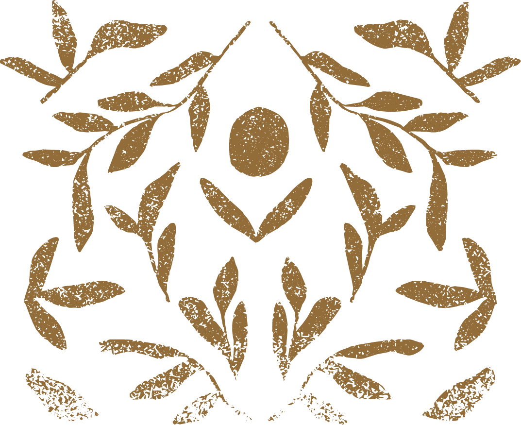 Decorative illustration of symmetrical leaves and botanical elements in a minimalist style.