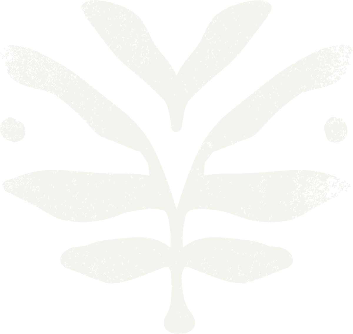 A stylized white graphic of a leaf with multiple leaflets and two small circles.