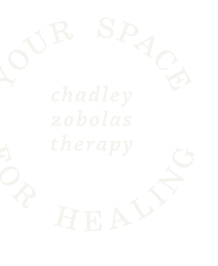 Text in a circular arrangement reading 'YOUR SPACE FOR HEALING' with the words 'chadley zobolas therapy' in the center.