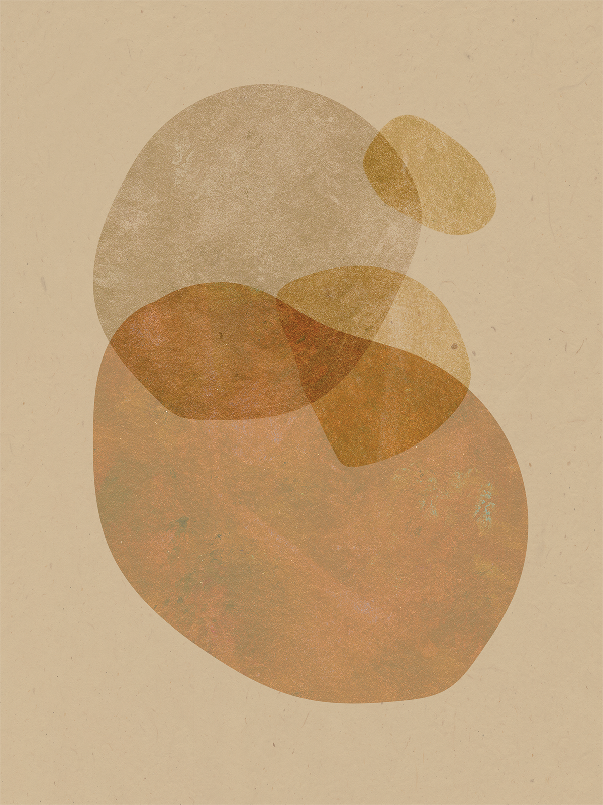 Abstract minimalist artwork featuring overlapping oval and rounded shapes in earthy tones of beige, brown, and rust against a beige background.