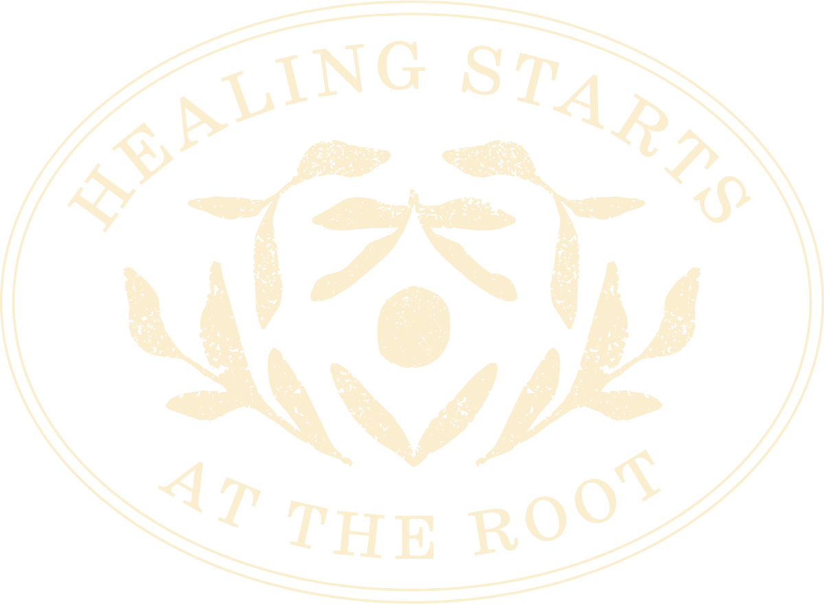 Logo with the text 'HEALING STARTS AT THE ROOT' surrounding a stylized illustration of a heart with leaves and a small circle at the center.