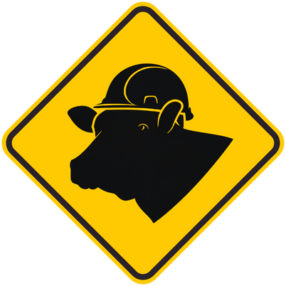 Silhouetted image of a bear wearing a construction helmet, highlighted on a yellow warning sign.