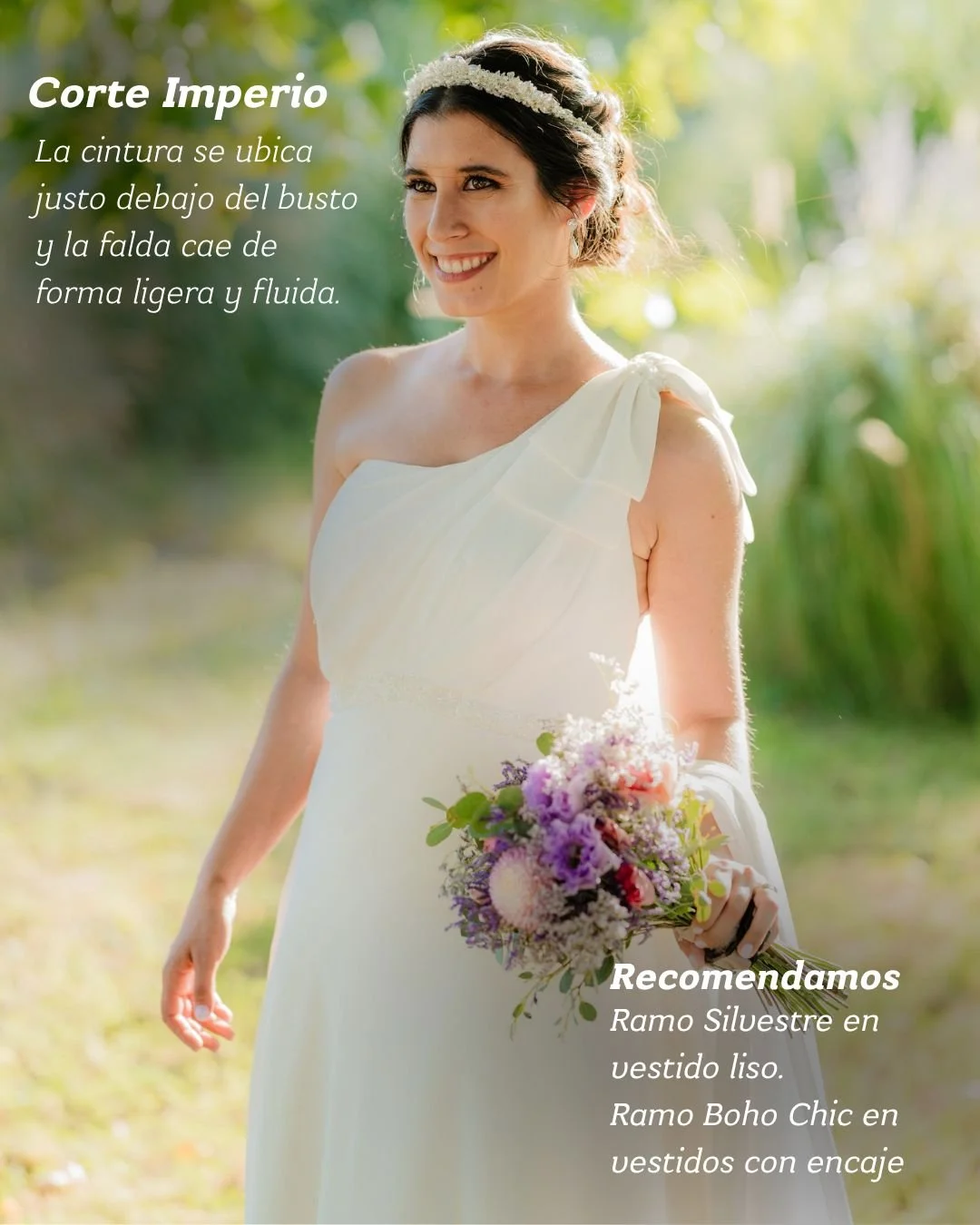 Mujer con vestido de novia con cinta en el cabello, sosteniendo un ramo de flores, en un entorno natural con luz suave.