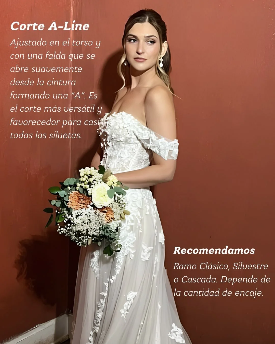 Mujer con vestido de novia en tonos blancos y florero en mano, con texto en español sobre cortes de vestido de novia y recomendaciones de estilos para encaje.