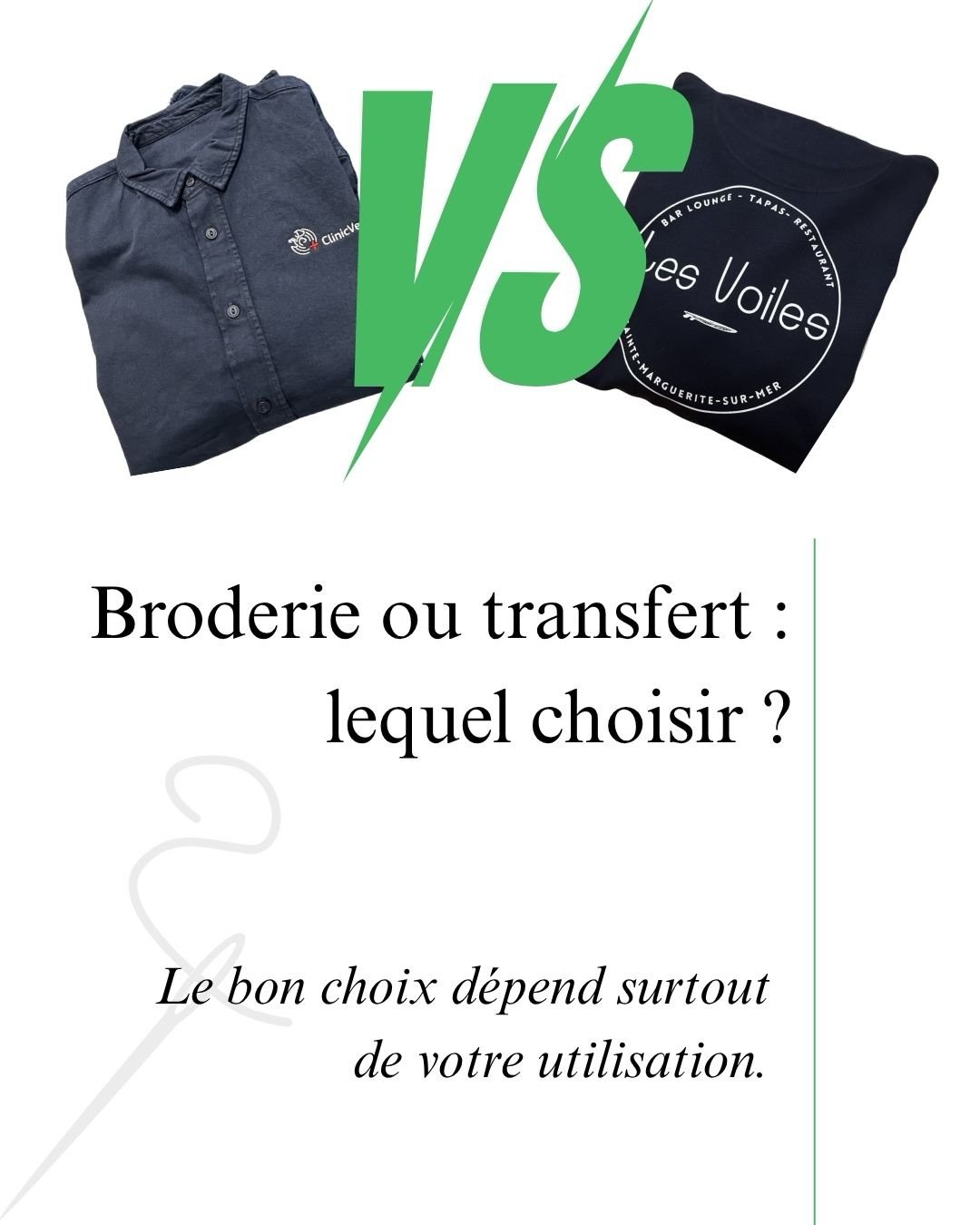 Broderie ou transfert : il n&rsquo;existe pas de &ldquo;meilleure&rdquo; technique.
Tout d&eacute;pend de votre activit&eacute;, de votre logo, de vos contraintes et du rendu souhait&eacute;.

Chez Manufacture &amp; Trading, nous vous accompagnons po