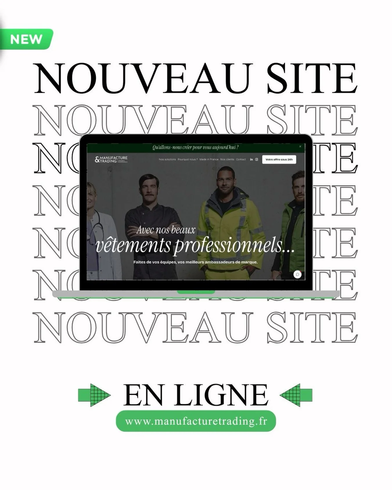 C&rsquo;est officiel, notre nouveau site internet est en ligne !

Plus clair, plus moderne et pens&eacute; pour vous accompagner dans vos projets de v&ecirc;tements professionnels.

Vous y retrouverez :
-Nos solutions de personnalisation textile
-Not
