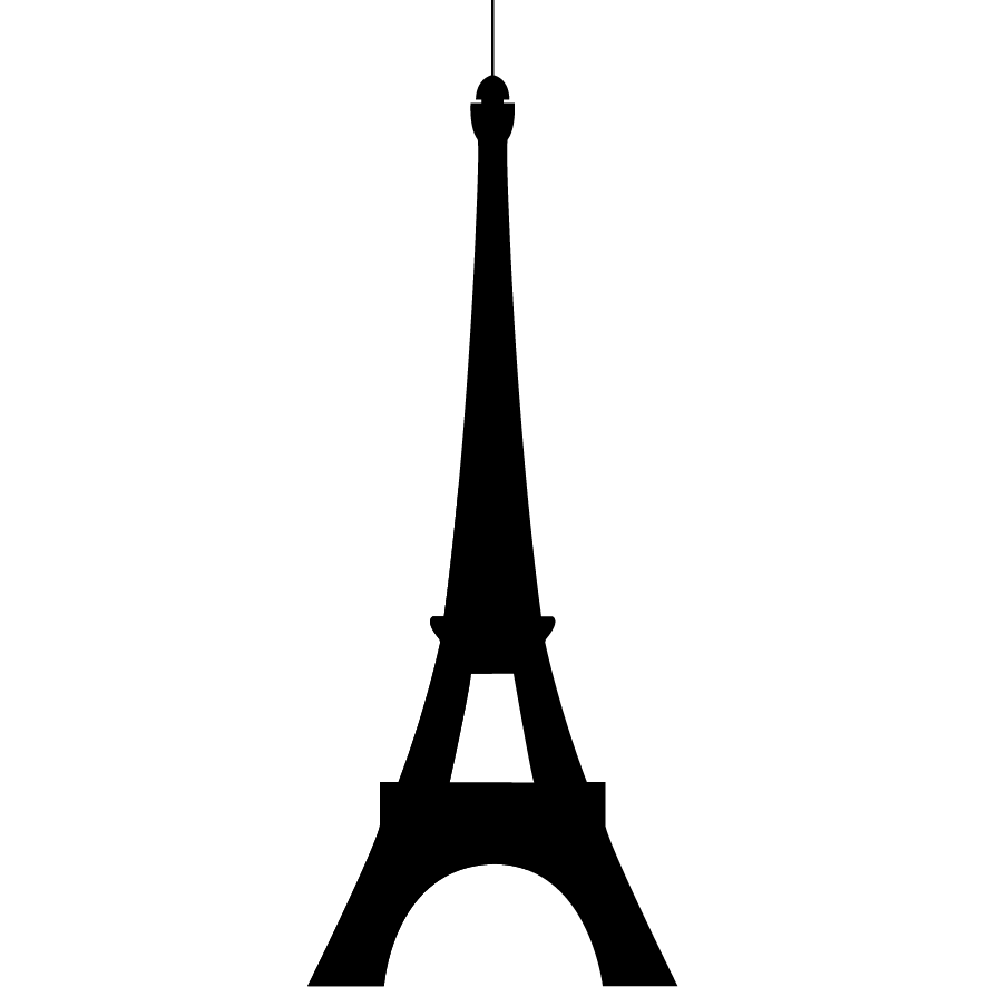 Une silhouette de la Tour Eiffel, symbole de Paris, en format linéaire noir sur fond blanc.