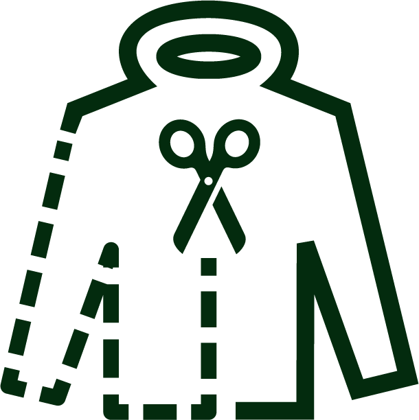 Icône d'un manteau avec des ciseaux indiquant la couture ou la réparation de vêtements.