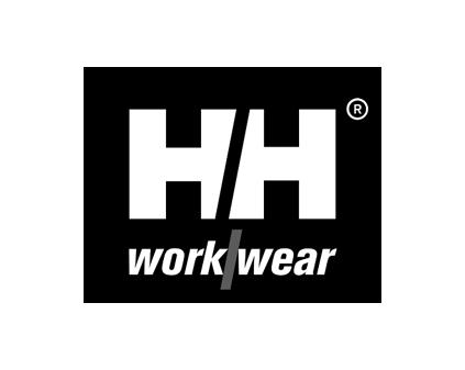Logo de la marque H/H workwear, en blanc sur fond noir.