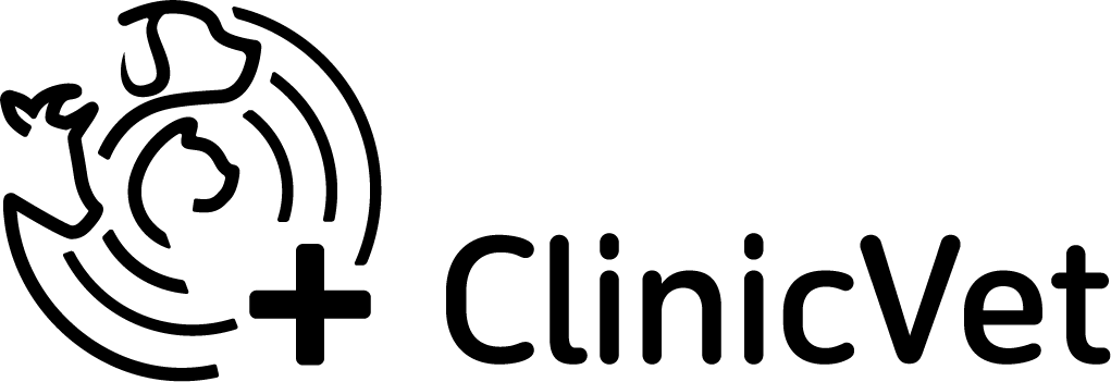 Logo de CliniqueVET, un cercle avec un stéthoscope stylisé et un croissant de lune, inscrit à côté du texte 'CliniqueVET'.