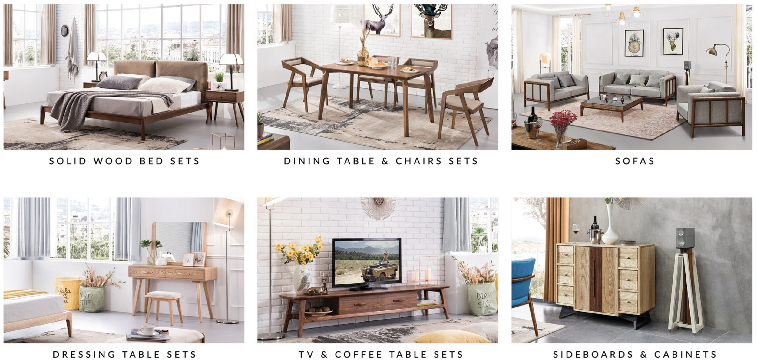 A collage of six images showcasing different home furniture and decor setups, including bedrooms, dining rooms, living rooms, dressing areas, entertainment areas, and storage units.