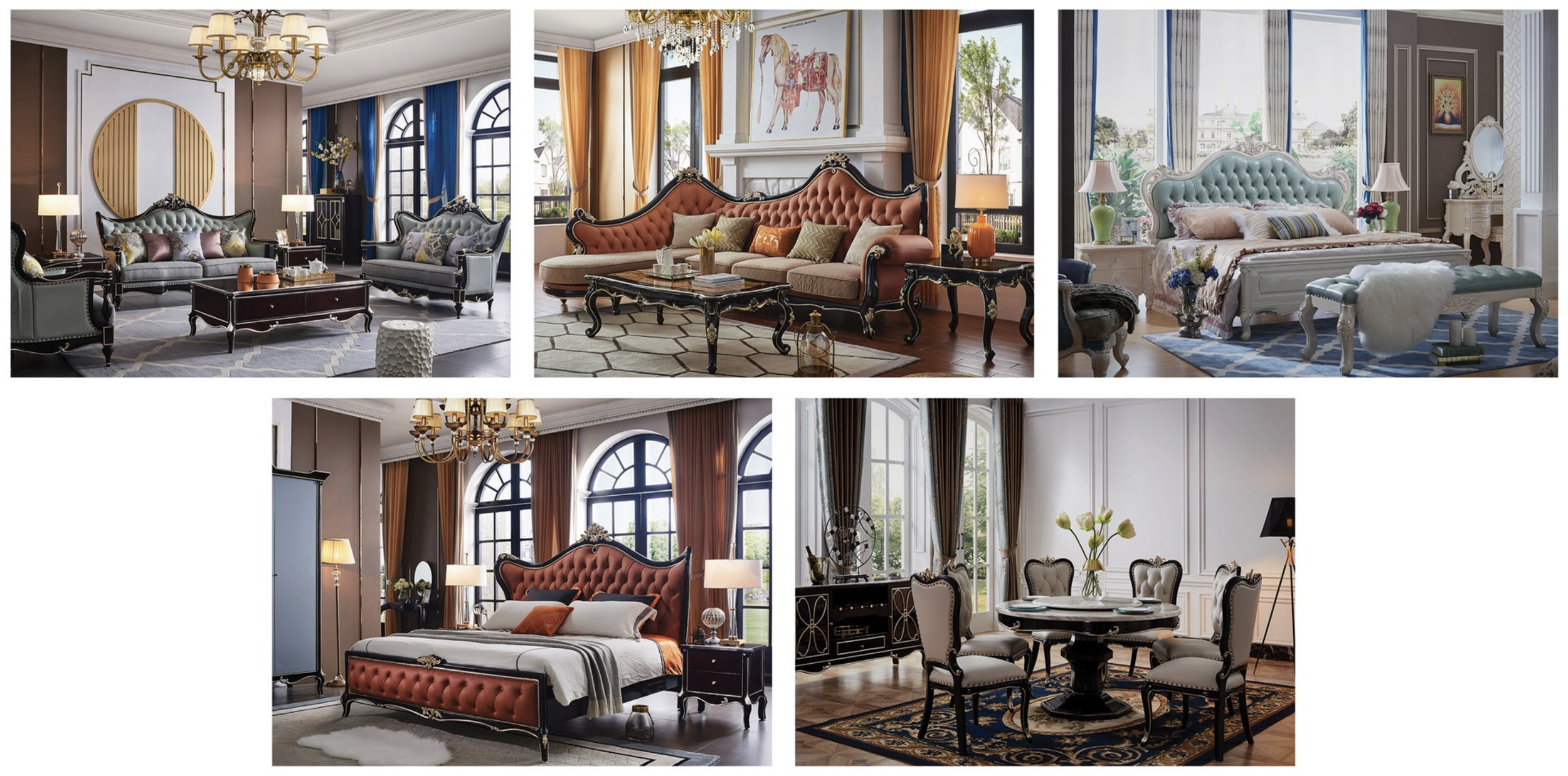 Collage of luxurious interior rooms with elegant furniture and decor, including living rooms and bedrooms with ornate beds, sofas, chandeliers, large windows, and decorative curtains.