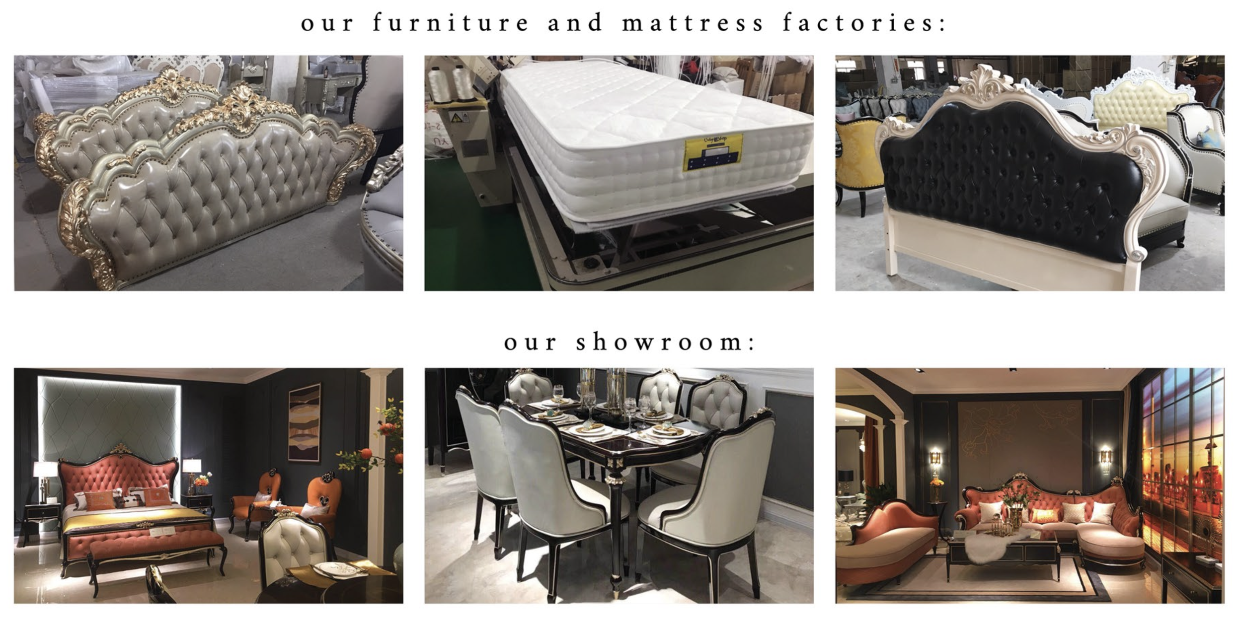 Display of furniture items including ornate headboards, a mattress, a sofa, a dining table with chairs, all in elegant and classic styles.