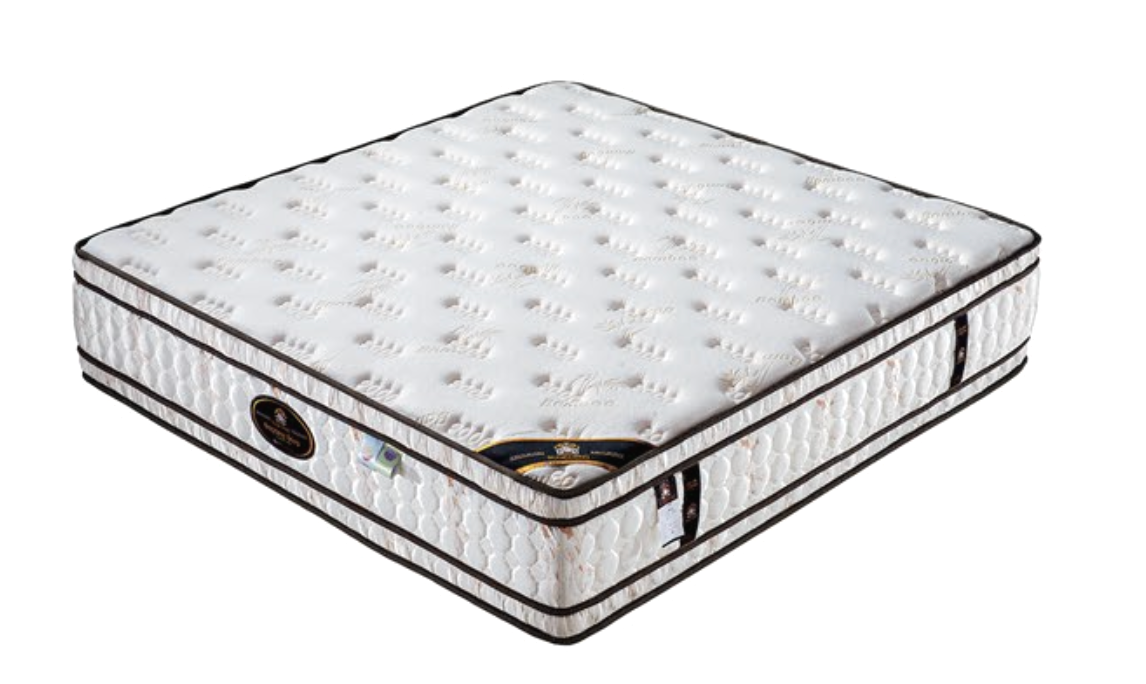 White mattress with quilting and brown trim, isolated on a white background.