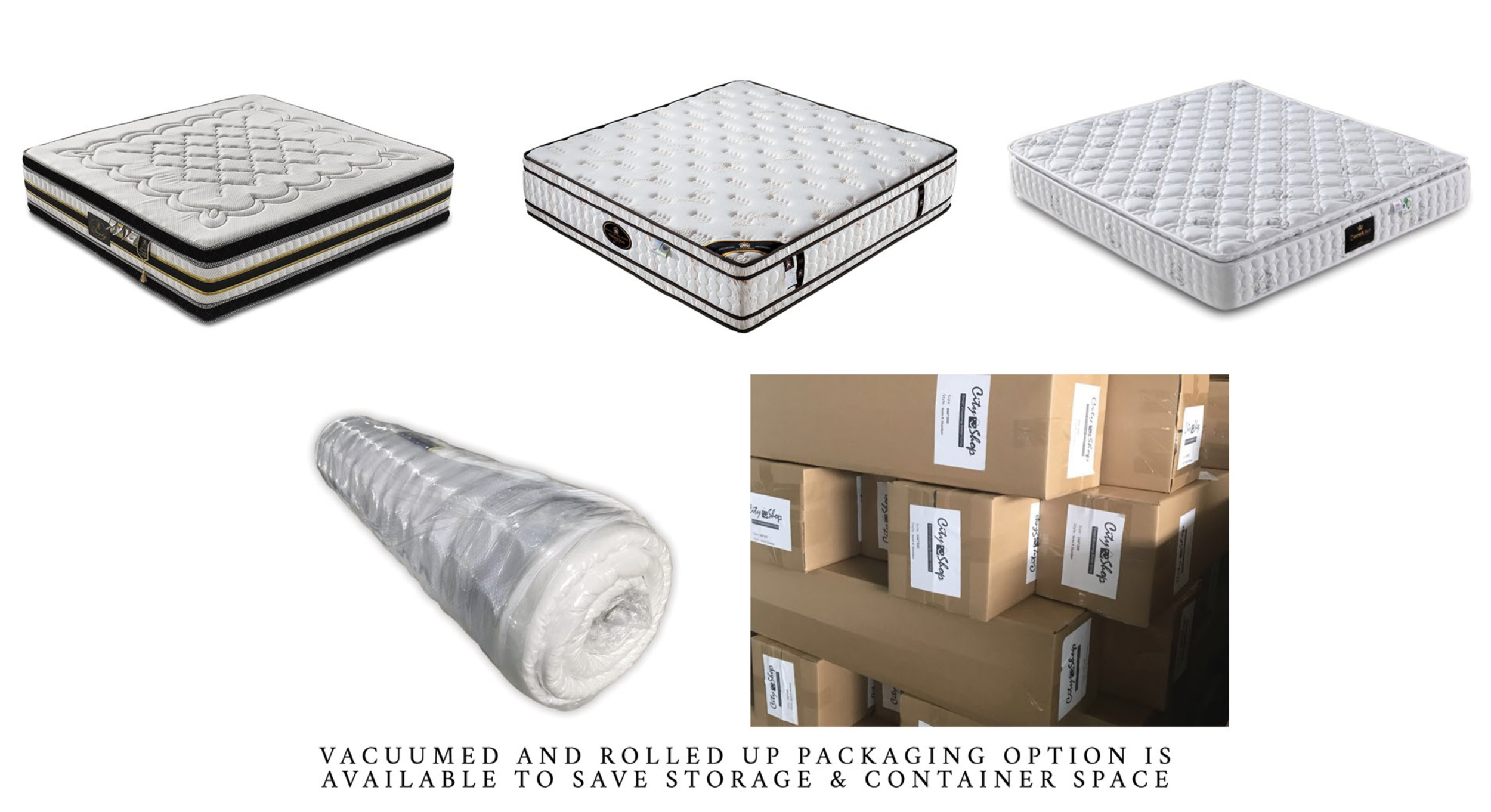 Three mattresses on display, a roll of plastic vacuum packaging, and multiple cardboard boxes with labels reading "OxyShop," indicating a storage and shipping scenario.