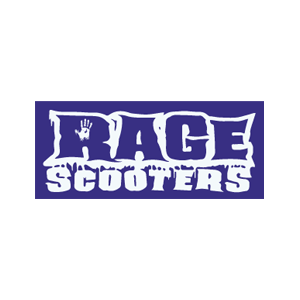 Logo for Rage Scooters with stylized text and a small scooter illustration.