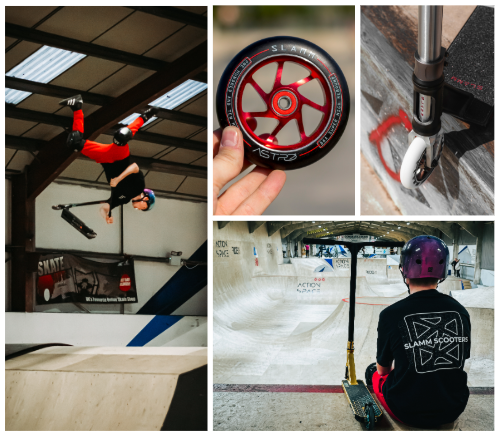 Collage of Slamm Scooters. A scooter wheel, scooter deck and wheel, and a person sitting with a scooter at an indoor skatepark.