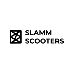 SLAMM SCOOTERS logo with a stylized black icon of a scooter and the business name in black text