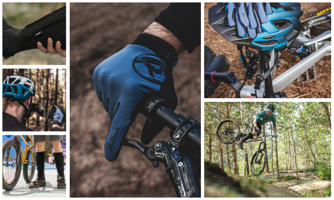 Various mountain biking gear and scenes, including gloves, helmet, bike riding, and mountain biker in woods. All to represent Rekd Protection.
