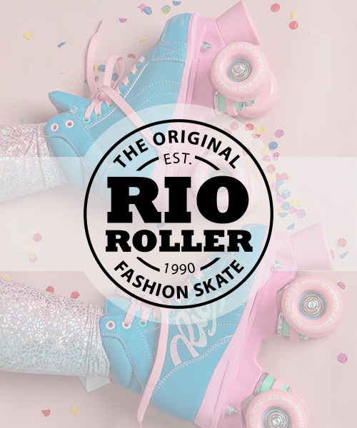 A pair of blue and pink Rio Roller skates with confetti around them.