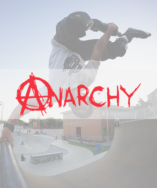 A person wearing a helmet and Anarchy skating gear performs a trick in a skate park with a skateboarding bowl, with the word "Anarchy" written in red graffiti over the image.