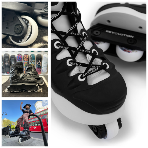 Close-up of black and white inline skates with their wheels visible, colorful skateboards with various designs, a person standing on a skate with arms raised outdoors, and a second pair of inline skates with a person standing behind them.