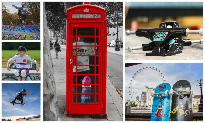 A collage of Enuff skateboarding activities, a red telephone booth on a city street, skateboard trucks, and skateboards with characters near a ferris wheel.