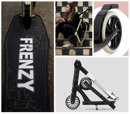 Close-up of a black Scooter with the brand name 'FRENZY' on it, a woman sitting on stairs with an adaptive tricycle, a skateboard wheel with a pink stripe, and a black and white kick scooter. Collage of Frenzy Scooters.
