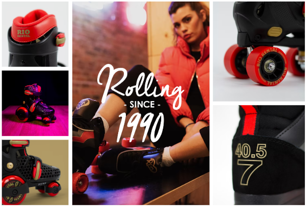 Collage of Rio Roller Rental, featuring a central image of a woman putting on roller skates with the text 'Rolling since 1990.' Surrounding images include various roller skate wheels, a pair of illuminated roller skates, and skate gear.